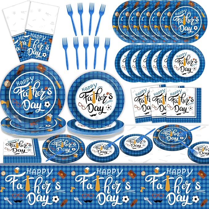 Happy Father's Day Party Supplies Disposable Paper Plates Napkins Forks Tablecloth for Father's Day Party Family Dinner Table Decorations Dad Table Cover Tableware Set Serve 24