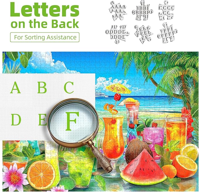 Tropical Paradise 500 Piece Jigsaw Puzzle for Adults Colorful Summer Beach Scene with Cocktails & Fresh Fruits,Letters on Back for Easy Sorting,Perfect for Game Nights & Family Fun(23“X15”)