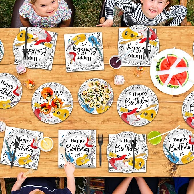 gisgfim 96Pcs Music Birthday Party Supplies Paper Plates Napkins Music Guitar Party Tableware Set Music Disposable Dinnerware Decorations Favors for Boys Girls Serves 24