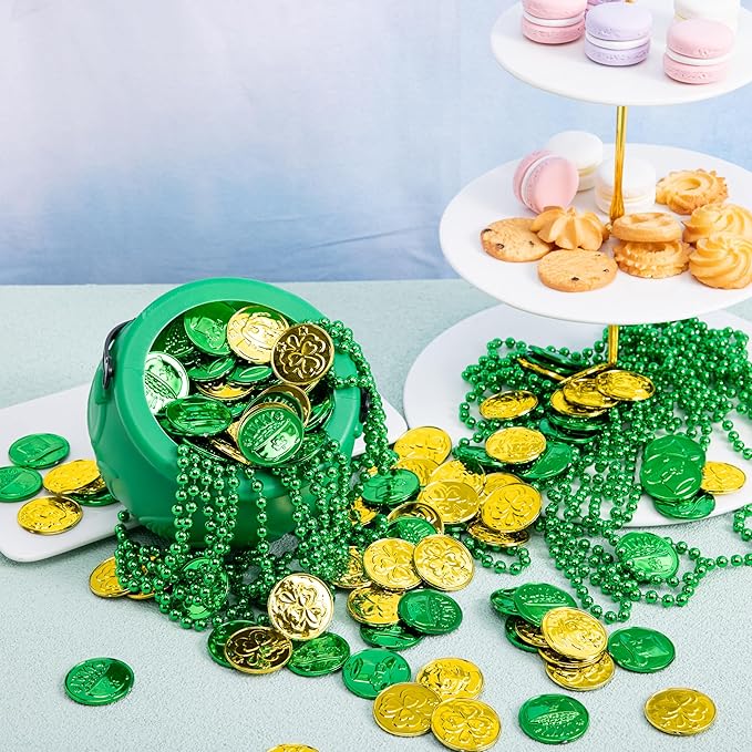 JOYIN 119 Pcs St. Patrick’s Party Supplies Set, 18 Bead Necklaces, 100 Plastic Coins and 1 Cauldron, St Patrick’s Day Party Favor Supply (Green Cauldron, Bead Necklace, Green and Gold Coins)