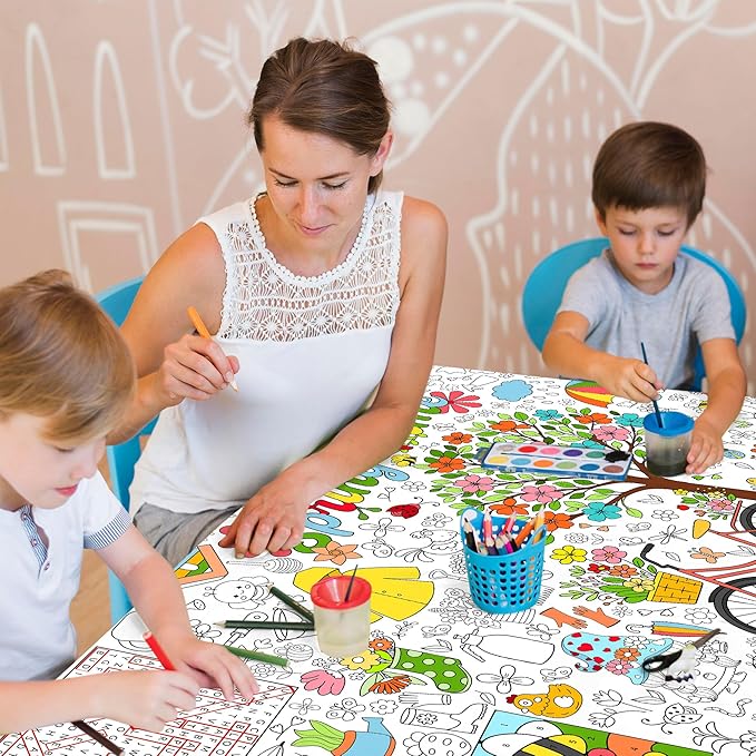 Spring Coloring Tablecloth for Kids, Giant 30x72 Inch Poster with Flowers, Rainbows, Nature Icons, Perfect for Party Games, Seasonal Decorations, Creative Activities, Event Supplies