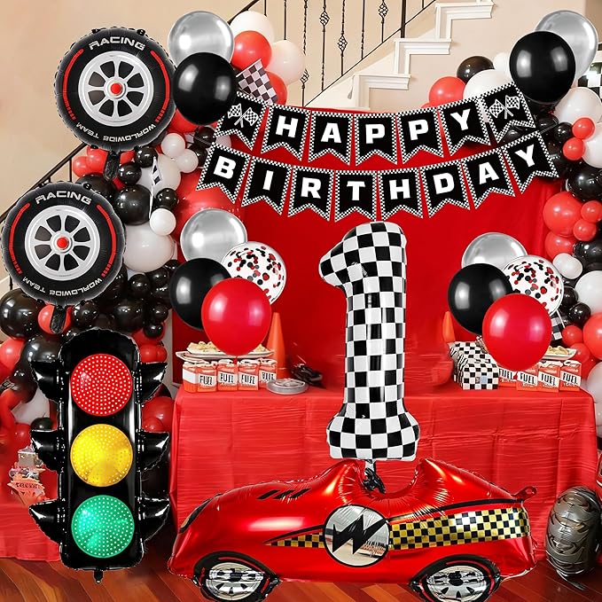 Race Car Birthday Party Decorations, with 40 Inch Number 1 Balloon, Happy Birthday Banner, Traffic Light and Foil Tire Balloon for 1st Car Themed Birthday Party Supplies