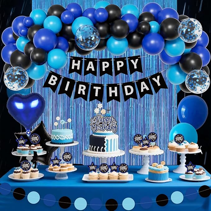Black And Blue Birthday Decorations for Men,Fringe Curtains Happy Birthday Banner,Red balloons,Cake Toppers for Boys