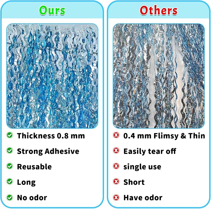 ADLKGG 6 Pack Blue Wavy Foil Fringe Curtain, Streamers Water Beach Backdrop for Ocean Backdrop | Under The Sea Party Decorations | Summer Pool Party Decorations, 3.3x6.6 Feet