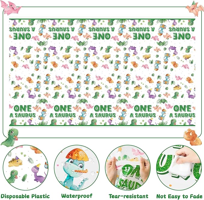 Dinosaur 1st Birthday Party Tablecloths - 3Pcs One A Saurus Party Table Cover Decorations, Dinosaur Themed Rectangular Plastic Disposable Table Cloth Decor for Boys Girls First Birthday Baby Shower