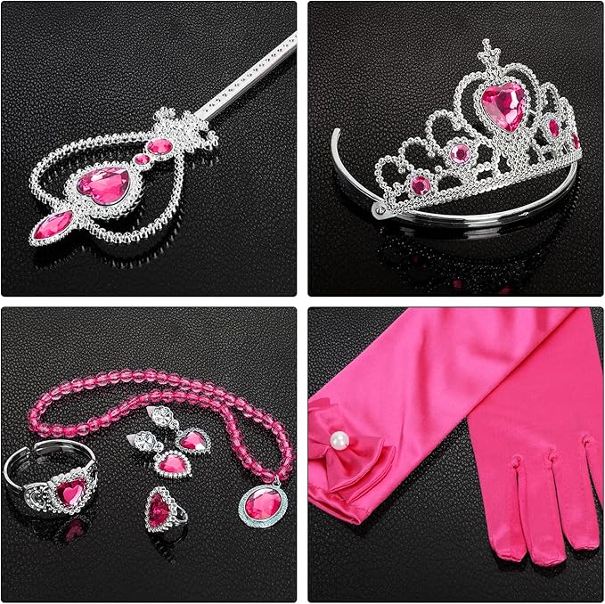 Princess Dress Up Party Accessories for Princess Costume Gloves Tiara Wand Necklace Earrings Bracelet and Ring Gift Set 9pcs (Rose, Set of 7, 9pcs)