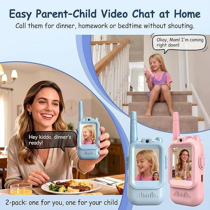 Kids Video Walkie Talkies for Kids Ages 3-5, 2 Pack Rechargeable Long Range Walkie Talkie with HD Camera Screen, Voice Changer Toy for Indoor Outdoor Adventure, Blue Pink
