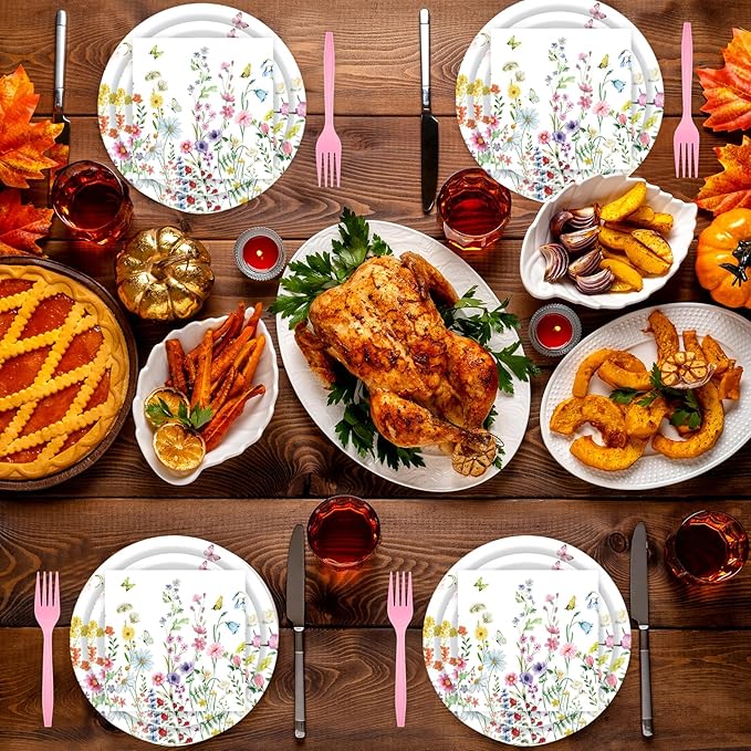 96 Pcs Wildflower Paper Plates and Napkins Party Supplies, Floral Party Plates Napkins Forks Disposable Tableware Set for Picnic Wedding Birthday Baby Shower Tea Party Decorations Serves 24