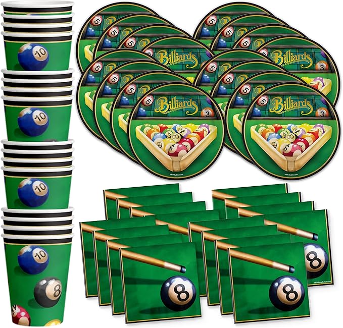 Billiards Party Supplies - Pool Table Plates and Napkins - Adult Birthday Supplies - Father's Day Tableware Set Includes Plates Napkins Cups - Kit for 16
