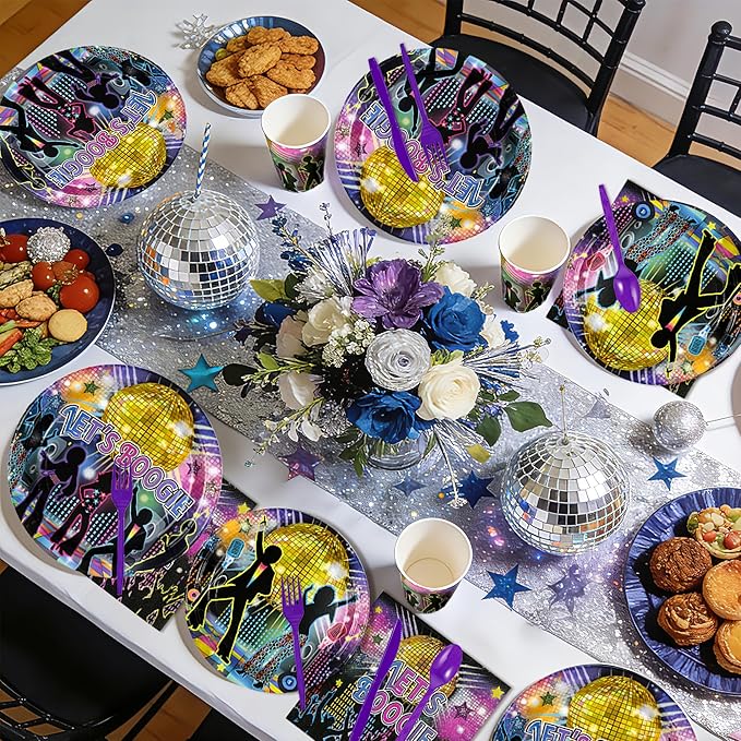 168Pcs Disco Party Decorations 70s Let's Boogie Theme Plates and Napkins Cups Forks Tableware Sets for Back to 60s 70s 80s 90s Let's Boogie Disco Dancing Night Birthday Party Supplies Serves 24 ﻿