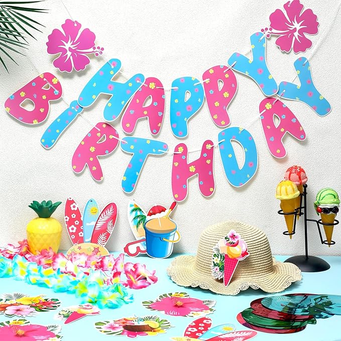 Hibiscus Birthday Party Decorations Happy Birthday Banner with Luau Hibiscus Flower Hanging Swirls Pink Blue Hawaiian Tropical Themed Party Supplies Tropical Luau Summer Decorations