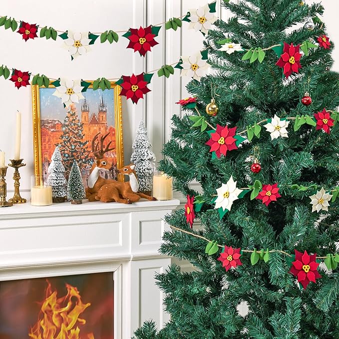 PAPER JAZZ Christmas Poinsettia Garland with White Red Artificial Flowers,11.4ft Velvet Artificial Poinsettia Garland,Christmas Decorations with Holly Leaves for Fireplace Door Wall Window Tree Yard.