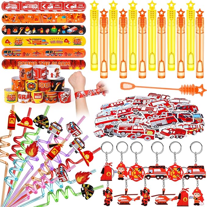 98 Firefighter Party Favors Fire Truck Birthday Decorations Straw Bubble Slap Bracelet Keychain Sticker Kid Boy Toy Accessories Fireman Party Supplies Gift Prize Goodie Bag Stuffers