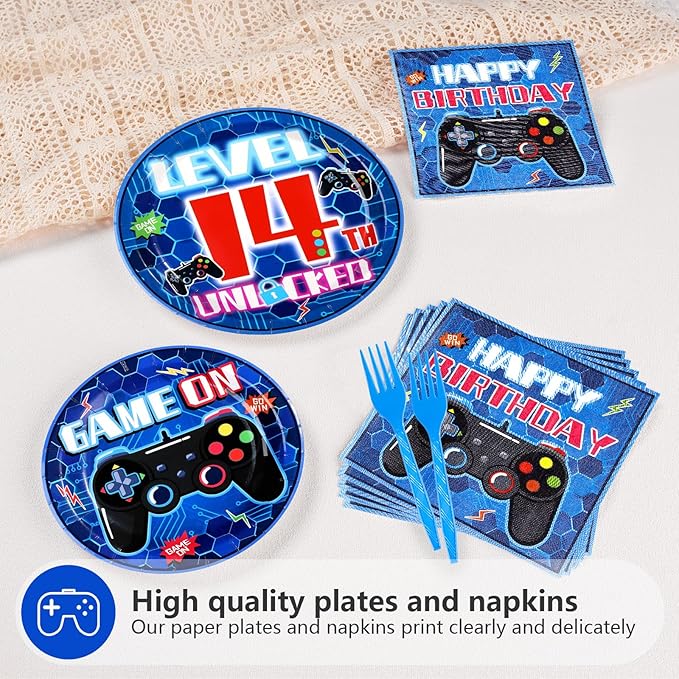 96 Pcs 14th Video Game Birthday Party Decorations Blue Video Game Level 14 Birthday Plates and Napkins Tableware Sets for Kids Boys 14 Years Old Gamer Gaming Party Supplies Favors Serves 24