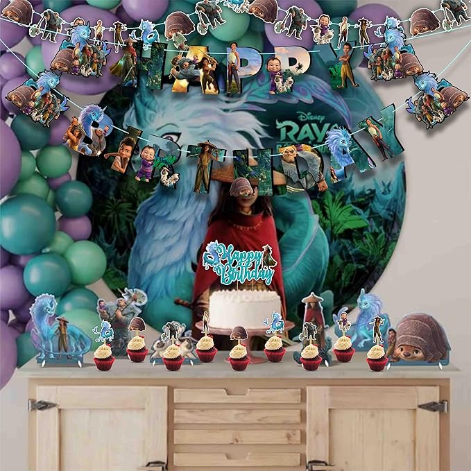 "Raya and the Last Dragn Theme Birthday Party Supplies – Fantasy Princess Party Decorations – Includes Happy Birthday Banner, Cake Topper, Cupcake Toppers, Garland, Table Decor, and More"