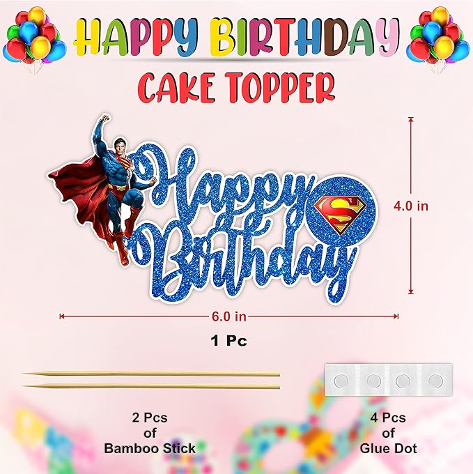 Suprmn Happy Birthday Cake Topper – Theme Party Decoration for Boys – Premium Quality Glitter Cake Topper for Birthday Cake, Birthday Party Supplies, Cartoon Character Party Decor