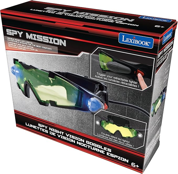 LEXiBOOK - Spy Mission, Spy Night Vision Goggles, Retractable LED Lights, Green Tinted Glass, Adjustable Elastic Bands, Black, RPSPY04