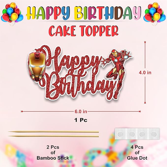 "Irn Man Happy Birthday Cake Topper – Superhero Theme Birthday Party Decoration for Adults – Durable Glitter Cake Topper for Boys Girls, Comic Hero Themed Birthday Party Supplies for Cake Décor"