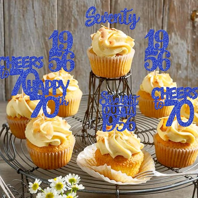 30 PCS 70th Birthday Cupcake Toppers Glitter Seventy Happy 70 Straight Outta 1956 Cupcake Picks for Cheers to 70 Fabulous 70th Birthday Anniversary Party Cake Decorations Supplier Blue