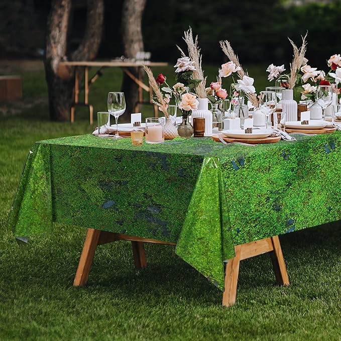 Kochorie 100 Ft x 54 Inch Green Moss Tablecloth Roll with Slide Cutter Box Disposable Green Grass Plastic Tablecovers Cut to Size Tablecloth Jumbo Jungle Backdrop for Birthday Picnic Baby Shower