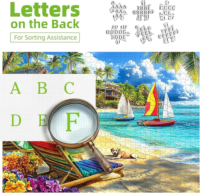 500 Piece Jigsaw Puzzle for Adults Tropical Beach Summer Scene with Sailboats & Palm Trees, Relaxing Vacation Puzzle with Letters on Back Fun Gift for Seniors, Family, Adults (23x15 Inch)
