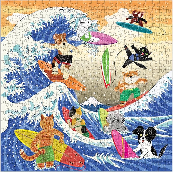 Galison The Great Surf – 500 Piece Jigsaw Puzzle Featuring Beautiful Artwork of Cats and Dogs Surfing Waves