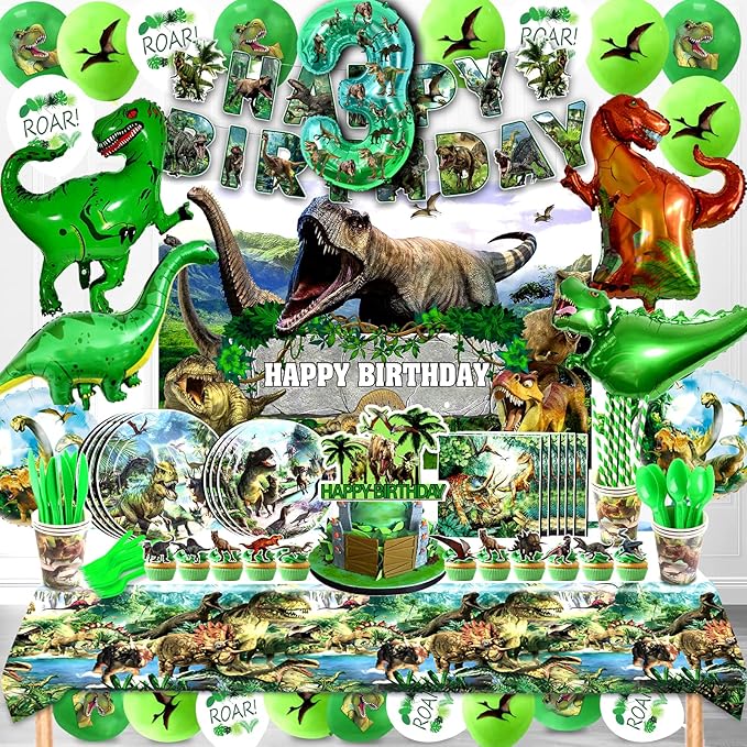 Dinosaur Birthday Decorations, Dino Birthday Party Supplies&Decorations 3 Year Old,Dinosaur Theme Party Set Include Banner Tablecloth Balloons Cake Toppers Plate Napkin for Kids Party
