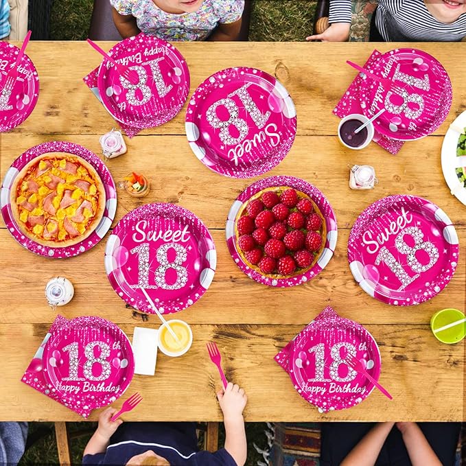 Grencian 96 Pcs 18th Birthday Party Supplies Hot Pink Sweet 18 Years Old Plates and Napkins Disposable Tableware Set Eighteen Birthday Decorations for Girls Happy 18th Birthday Party Favors Serves 24
