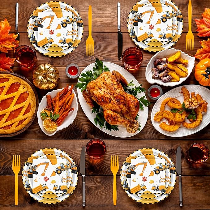 96 Pcs Construction Plates and Napkins Party Supplies, Construction Birthday Paper Plates Napkins and Forks Disposable Tableware Set for Kids Boys Birthday Party Decorations Serves 24