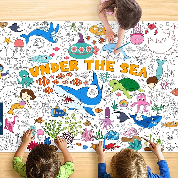 Under The Sea Coloring Tablecloth for Kids, Giant 30x72 Inch Poster with Shark, Turtle, Ocean Creatures, Perfect for Undersea Party Games, Aquatic Decorations, Classroom Fun, Event Supplies