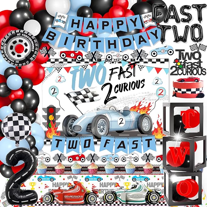 2 Fast Birthday Decorations，Two Fast 2 Curious Racing 2nd Birthday Decorfor Boys Girls 2nd Bday Racing Themed Car Decoration Party Supplies 。