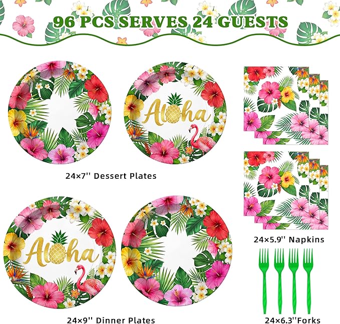 96 Pcs Hawaiian Luau Party Paper Plates Tableware Set (Serves 24), Hawaiian Birthday Decorations Include Plates Napkins Forks For Hibiscus Floral Party