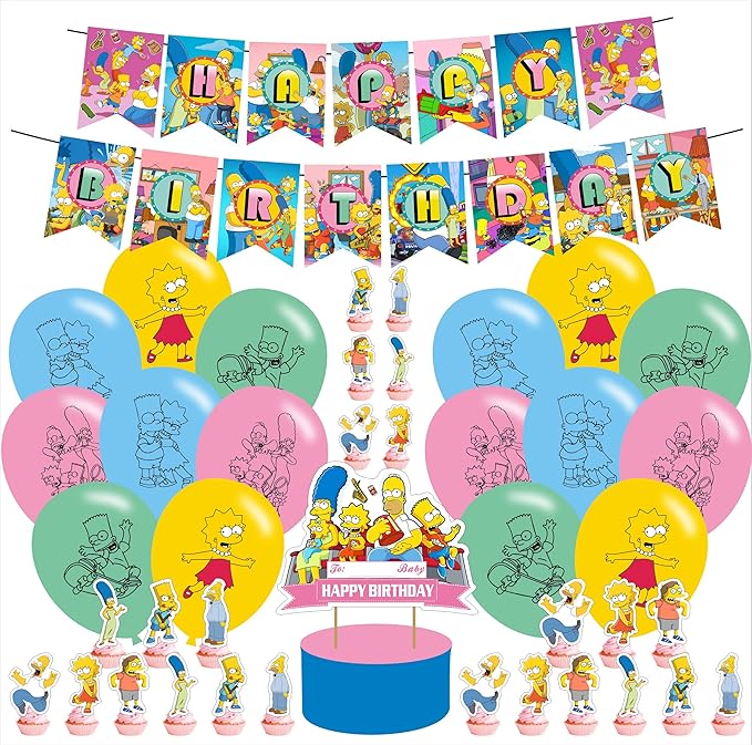 Simpsonss Party Decorations,Birthday Party Supplies For Cartoon Family Party Supplies Includes Banner - Cake Topper - 12 Cupcake Toppers - 18Balloons