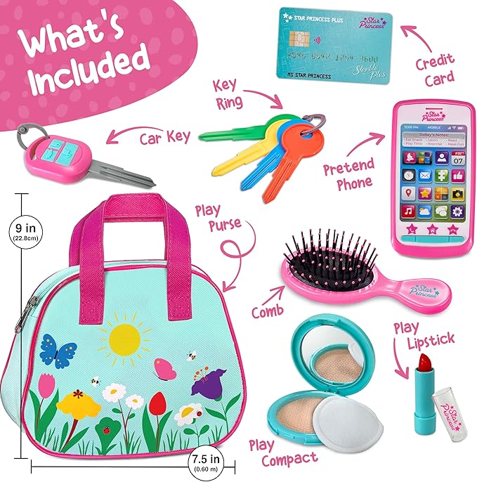 Play Purse for Toddlers with Accessories, Toddler Girl Toys 1 2 3 Years Old with Pretend Makeup, Keys, Smartphone, Toddler Toy Purse for Little Girls - Birthday Gift for Toddlers Girls Ages 2-3 - Blue