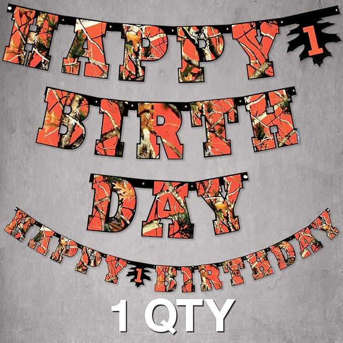 Havercamp Orange Next Camo "Happy Birthday" Party Banner | 1 Count | Great for Hunter Themed Party, Camouflage, Rustic, Nature, Military, Kids Birthday Party