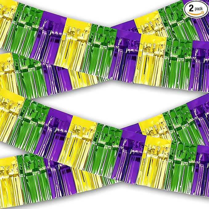 OHOME Mardi Gras Decorations - 2 Pack Gold Green Purple Streamers | Mardi Gras Party Favors Supplies Decor Indoor Outdoor - Masquerade Birthday Party Float Garlands Photo Booth Banner Backdrop,10 FT