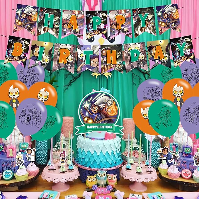 The Owl house Birthday Party Decorations, Owl house Cartoon Theme Party Supplies set with Happy Birthday Banner,Cake Cupcake Toppers,Balloons for Adults Party Favors