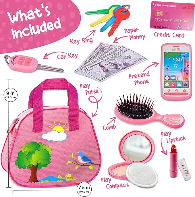 Toddler Play Purse for Kids with Accessories, Toys for Girls with Pretend Makeup, Keys, Smartphone, Dress Up Toy Purse for Toddlers and Kids - Birthday Gift for Little Toddler Girls Ages 3 4 5 6, Pink