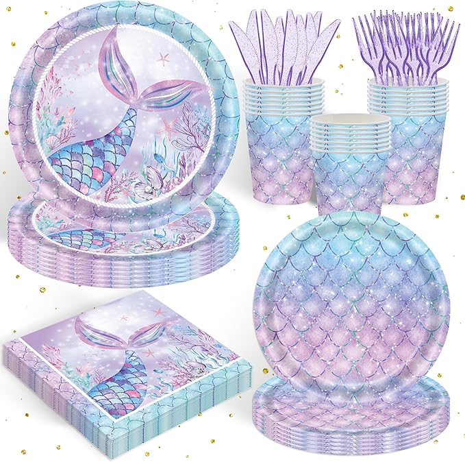 120PCS Mermaid Themed Party Supplies for Girls Baby Shower Under the Sea Mermaid Birthday Party Decorations Ocean Party Tableware Plates Cups Napkins Knives Forks for 20 Guests