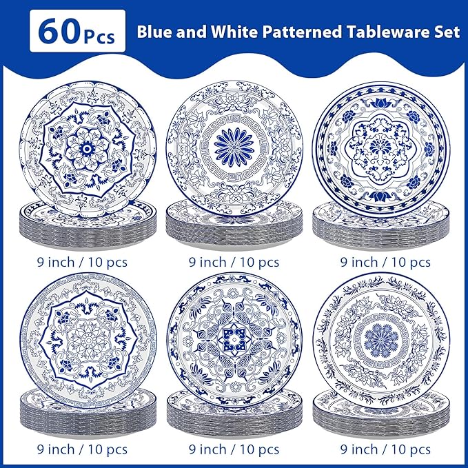 60Pcs Blue and White Flower Party Paper Plates 9 Inch Disposable Heavy Duty Blue White Chinoiserie Floral Dessert Plates Vintage Porcelain Decorations for Wedding Baby Shower Birthday Party Supplies