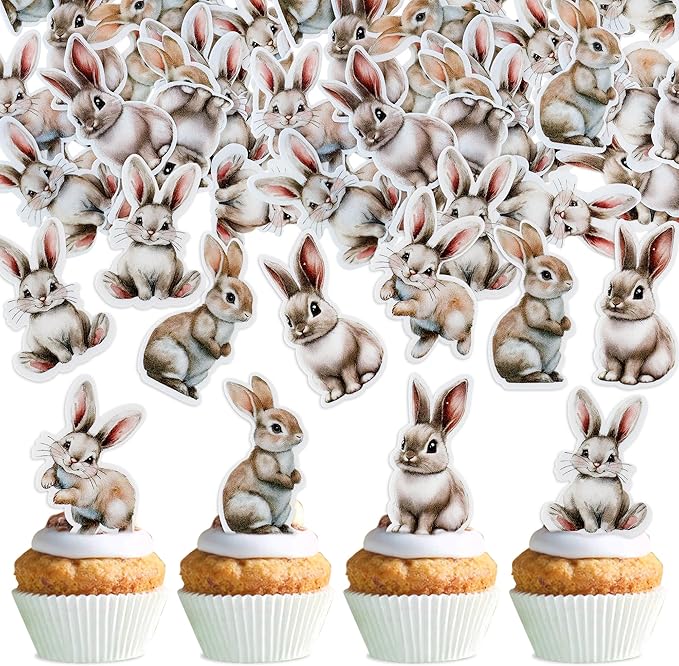 Ercadio 40 Pack Edible Cute Rabbit Cupcake Toppers Funny Bunny Cupcake Picks Realistic Rabbit Cupcake Toppers for Easter Day Theme Baby Shower Birthday Party Decor Supplies