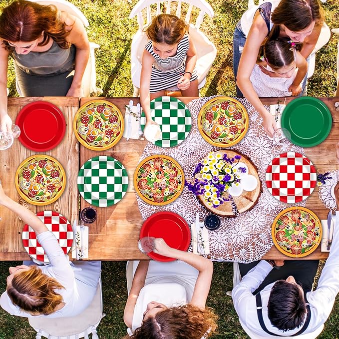 60PCS Pizza Theme Birthday Party Plates Red Green White Pizzas Checkered Disposable Paper Dessert Plates for Italian Pizza Birthday Decorations Party Tableware Set for Kids BBQ Picnic Supplies
