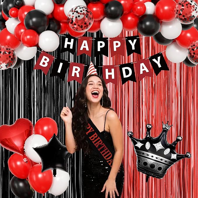 Red And Black Birthday Decorations for Women,Fringe Curtains Happy Birthday Banner,Red balloons,Cake Toppers for girls