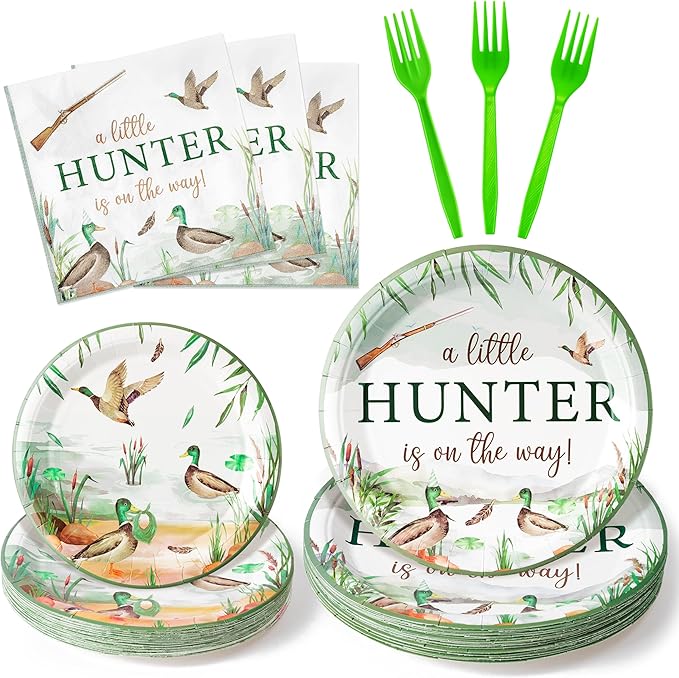 Mallard Duck Birthday Party Supplies - 96Pcs A Little Hunter is on the Way Plates Napkins Forks Tableware Set, Disposable Paper Plates Party Decoration for Birthday Baby Shower Table Decor, Serve 24