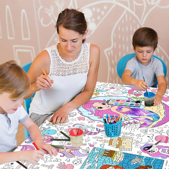 Mermaid Coloring Tablecloth for Kids, 30x72 Inch Poster with Mermaids, Seashells, Underwater Scenes, Idea for Mermaid Party Games for Girls, Sea Decorations, Classroom Fun, Event Supplies