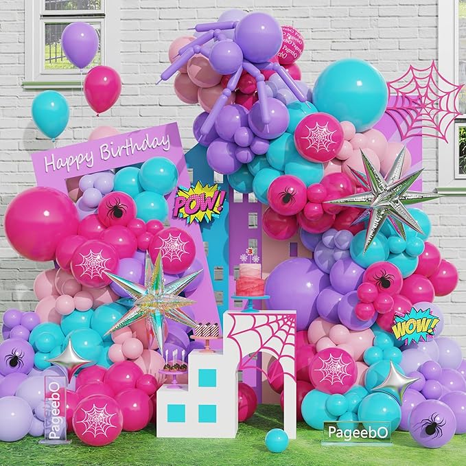 PageebO Spider Theme Balloon Arch, 153pcs Pink Purple Blue Spider Web Print Balloons with Explosion Silver Star Foil Balloons for DIY Spider Birthday Girl Spidy Party Supplies Baby Shower Decorations