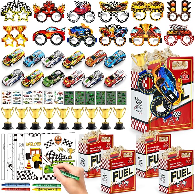 Race Car Party Favors Birthday Goodie Bags Supplies, Mini Race Car Trophy Cup Coloring Card with Crayon Gift Box Tattoo Sticker Paper Glasses, Boy Girl Kid Class Prize Racing Cars Birthday Decor