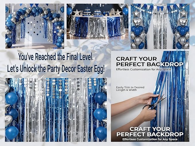 3packs Blue and Silver Foil Fringe Curtains, Blue Birthday Party Decorations Backdrop for Women, Graduation Decorations Tinsel,Retirement Tinsels for Man Him,Wedding Streamers-Each 3.3 x 6.5ft