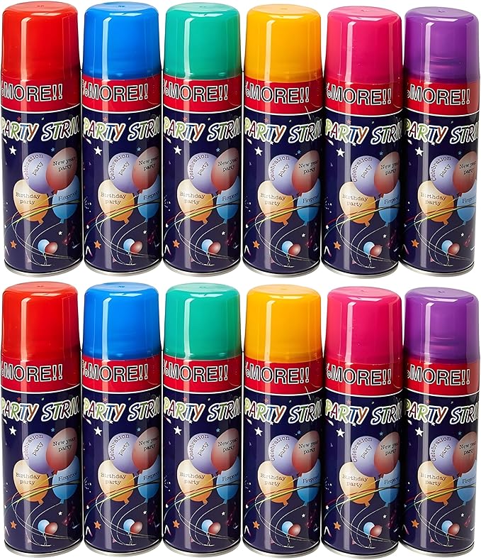 12 Pack Party String Spray (3 oz Each) – Streamer Spray in a Can, Full Color Set with 2 of Each Color, Party Supplies for Kids’ Parties, Birthdays, and Celebrations