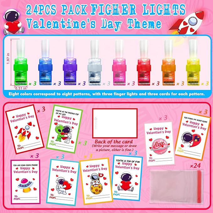 24 Pack Valentines Day Gift for Kids, Valentine Party Favors, Space LED Finger Lights with Cards, Glow in the Dark Toys, Classroom Exchange Prize, Goodie Bag Stuffers